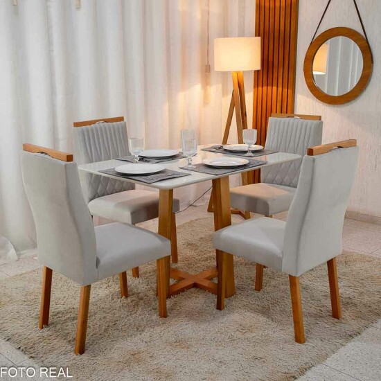 Mesa de Jantar Pedro 120×80 Vidro Off/Base Madeira + 4 Cad. Genova Veludo Prata 514 Madeira Art Assento - Entregue Montada