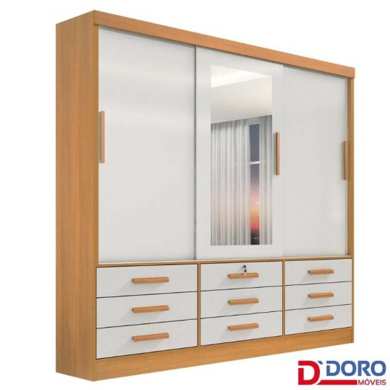 Guarda-roupa Casal Meridian Plus Cinamomo/Off 3 Portas 9 Gavetas C/ 1 Espelho Larg. 2.00m - D Doro