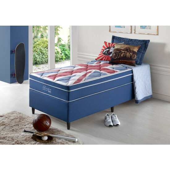 Box Azul + Colchão Solteiro London Molas Superlastic 88x188x68 - Anjos