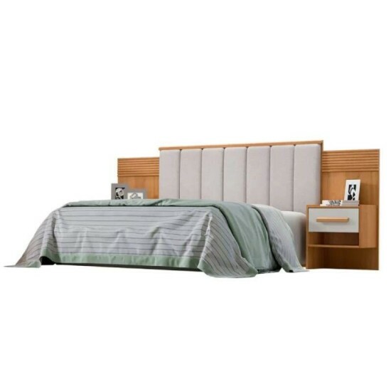 Cabeceira Queen Íris Larg. 1.60m Acolchoada Linho Bege e Detalhe Ripado Cinamomo/Off D Doro