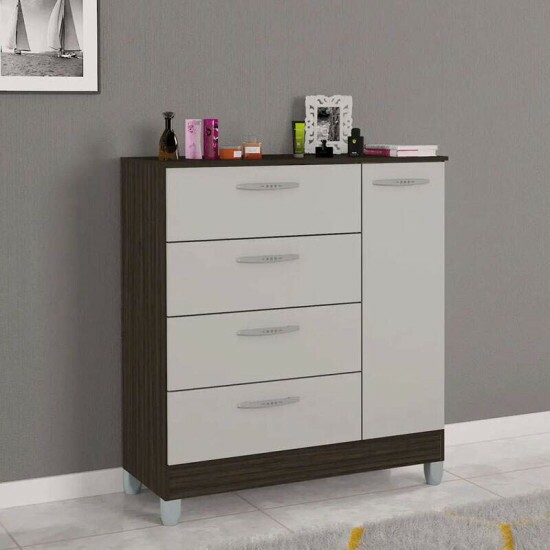 Cômoda com 1 Porta 4 Gavetas Chocolate/Off Larg. 0.86m Poquema - Black Friday