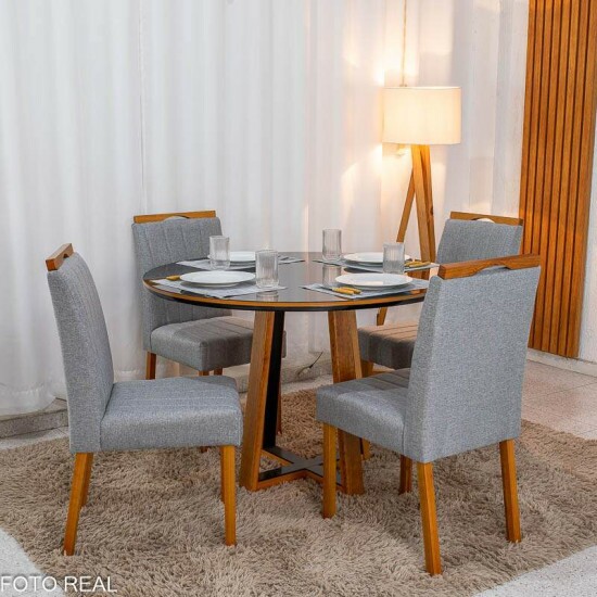 Mesa de Jantar Atlanta Redonda 120cm Vidro Preto/Base Madeira - Minas Plac + 4 Cad. Isabela Linho Cinza 05 Madeira KM Decor - Entregue Montada