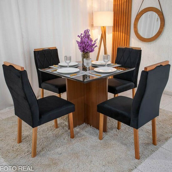 Mesa de Jantar Helo 90×90 Vidro Preto/Base Mel Poliman + 4 Cad. Lisboa Veludo Preto 504 Madeira - Art Assento