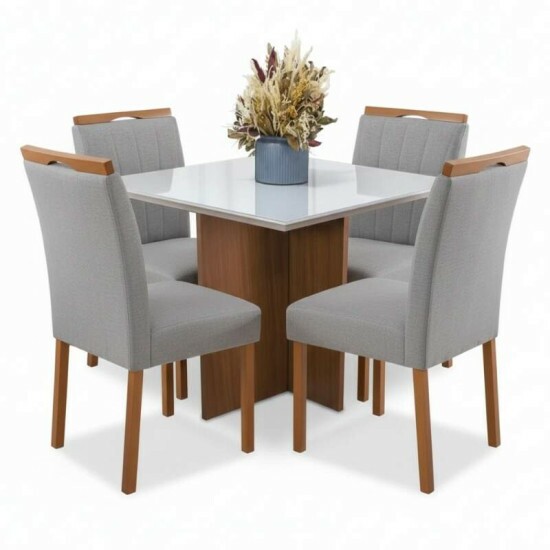 Mesa de Jantar Helo 90×90 Vidro Off/Base Mel Poliman com 4 Cadeiras Isabela Linho Cinza 05 Madeira Maciça KM Decor - Entregue Montada