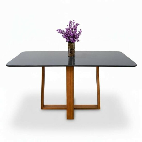 Mesa de Jantar Pedro 160x80 Vidro Grafite/Base Madeira Art Assento - Entregue Montada