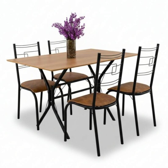 Mesa Paraty Base Cabo Frio Preto Tampo Madeirado 120×75 4 Cadeiras Paraty Assento Jambo (Marrom) - Teixeira