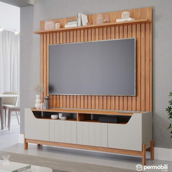 Bancada Moema Larg. 1.85m Off/Cinamomo + Painel Trend Ripado Larg. 1.80m Cinamomo 100% MDF - Permóbili