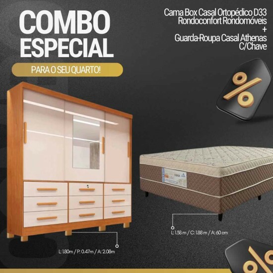 Roupeiro Casal Athenas Nature/Off 3 Portas 9 Gavetas C/ 1 Espelho e Pés 100% MDF Larg. 1.80m - Bianchi + Cama Box Casal Ortopédico Rondoconfort D33 - Rondomóveis | Suporta até 300kg