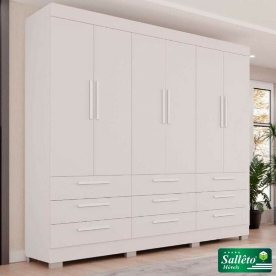 Guarda-roupa Casal Dinamarca Branco 6 Portas 9 Gavetas C/pés Larg. 1.80m - Sallêto