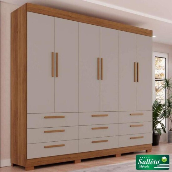 Guarda-roupa Casal Dinamarca Cinamomo/Off 6 Portas 9 Gavetas C/pés Larg. 1.80m - Sallêto