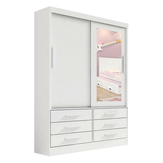 Roupeiro Solteiro Merídian Branco 2 portas c/ 1 Espelho 6 Gavetas Larg. 1.35m - D Doro