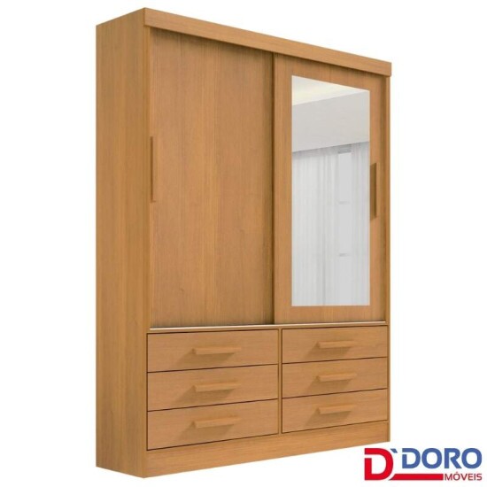 Roupeiro Solteiro Merídian Cinamomo 2 portas c/ 1 Espelho 6 Gavetas Larg. 1.35m - D Doro