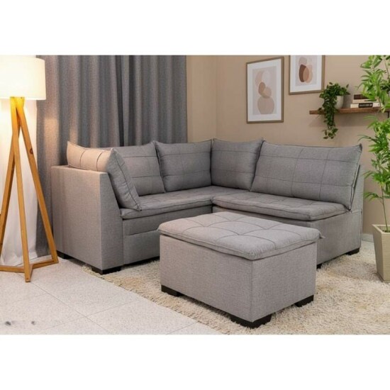 Sofá Canto 5 lugares com Puff Viena Linho Cinza A59