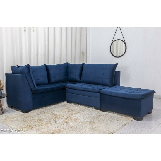 Sofá Canto 5 lugares com Puff Viena Veludo Azul A16