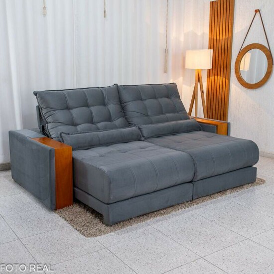 Sofá Retrátil Reclinável Gênova 2.50m Veludo Cinza 814 Molas Ensacadas - Black Friday