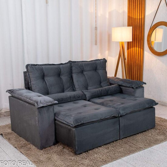 Sofá Retrátil Reclinável Grécia 2.00m Veludo Cinza - Sem Caixa