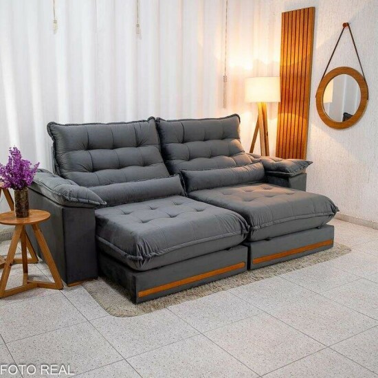 Sofá Retrátil Reclinável Istambul 2.50m Veludo Cinza 403 - Espuma D33