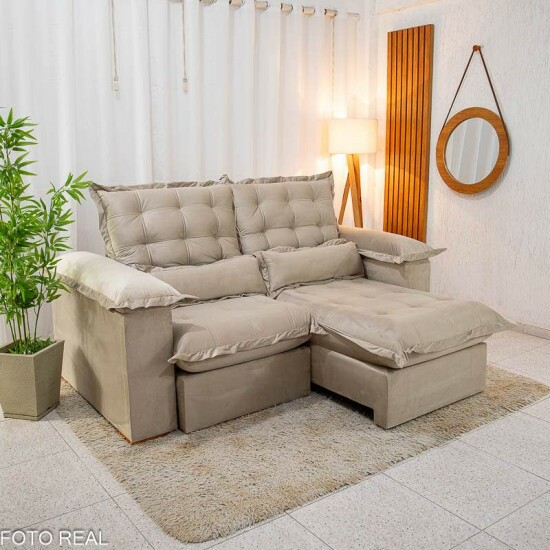 Sofá Retrátil Reclinável Maldivas 2.10m Veludo Bege A32 - Espuma Pró Aditivada