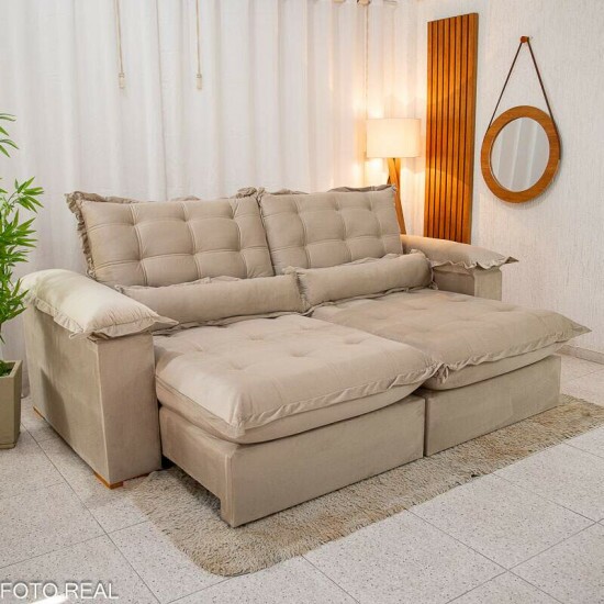Sofá Retrátil Reclinável Maldivas 2.30m Veludo Bege A32 - Espuma Pró Aditivada