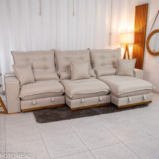 Sofá Retrátil Reclinável Mônaco 3.20m Linho Bege A57 - Molas Ensacadas