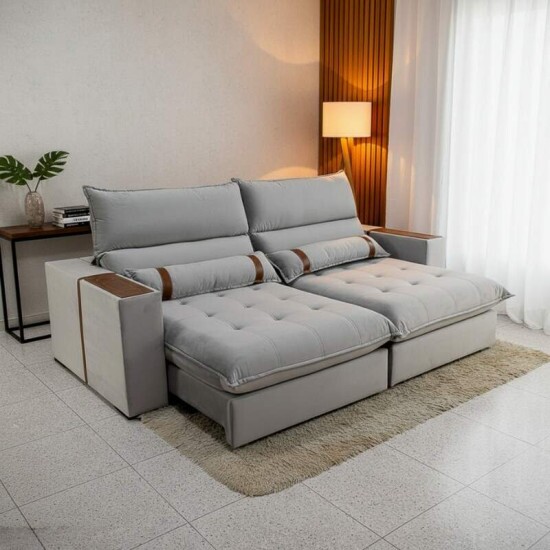 Sofá Retrátil Reclinável Ravello 2.50m Veludo Prata 3040/03 - Espuma D33
