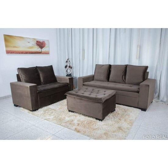 Sofá 3 e 2 lugares França com Puff Veludo Marrom A17