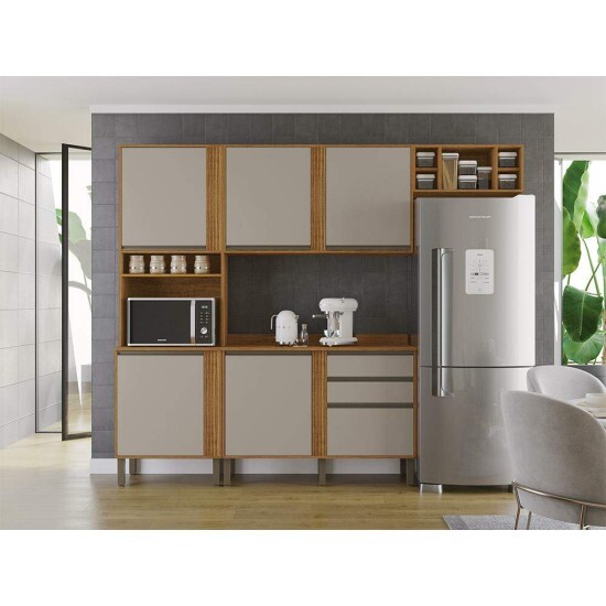 Torre Quente Cozinha Pérola + Balcão 1.20m + Aéreo 1 Portas 1.20m + Armário de geladeira Pérola Cinamomo/Off Sallêto