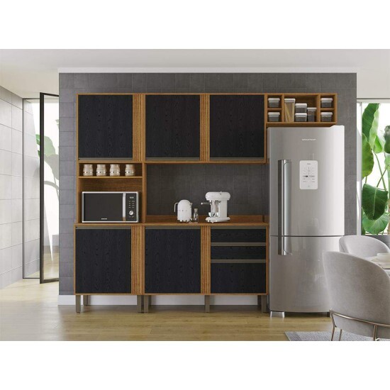 Torre Quente Cozinha Pérola + Balcão 1.20m + Aéreo 2 Portas 1.20m + Armário de geladeira Pérola Cinamomo/Preto Sallêto